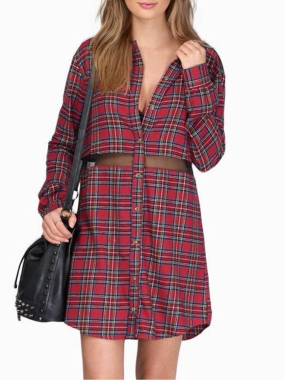 Tobi Red Plaid Mesh Cutout Flannel Shirt Dress Small Holiday Mini